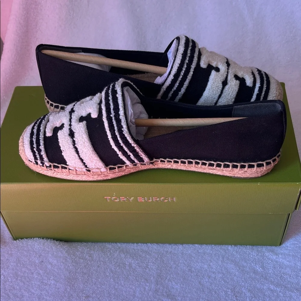 Tory Burch Black and Natural Stripe Espadrille Slip-Ons